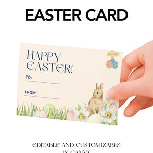 Tarjeta de Pascua rosa con un conejito adorable. Imprimible y descarga digital.