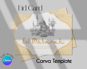Puede incluir: Una tarjeta de Eid Mubarak dorada y blanca con un boceto de una mezquita y el texto "Eid Mubarak" en letras doradas. La tarjeta tiene un borde decorativo con un patrón geométrico.