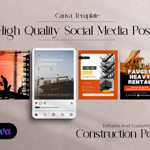 May include: Three social media post templates for a construction company. The first post features a silhouette of construction workers against a sunset background with the text "Happy International Workers Day". The second post features a crane and construction site with the text "Construction Company". The third post features a construction crane with the text "Fauget Heavy Rental" and the tagline "Ready to support your construction and mining activities".