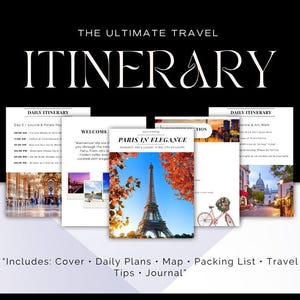 以下が含まれることがあります： 「The Ultimate Travel Itinerary」と題された旅行の旅程で、大きな白い文字で「ITINERARY」という言葉が書かれています。旅程には、毎日の計画、地図、パッキングリスト、旅行のヒント、ジャーナルが含まれています。パリの画像が紹介されています。