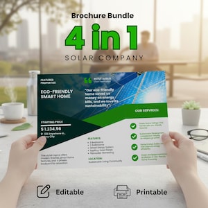 Puede incluir: Un paquete de folletos para una empresa solar, sostenido por una persona. El folleto presenta texto sobre casas inteligentes ecológicas, precios iniciales y servicios. El folleto es verde y blanco con el texto "4 en 1".