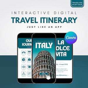 Interactive Travel Itinerary Template, Mobile Travel Planner, Editable in Canva