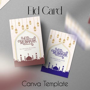 Tarjetas de Eid Mubarak / Tarjetas de felicitación islámicas elegantes / Tarjetas de Eid únicas en negro, azul y marrón / Tarjeta festiva musulmana / Regalo de Ramadán