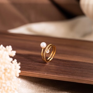 Dainty Gold Pearl Ring,Adjustable Triple Band Ring With CZ,Minimalist Stacking Ring,Handmade Engagement Ring,Gift for Her,Bridesmaid Gift