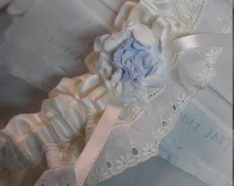 Ivory Wedding Garter: Vintage Lace, Satin Bow, Something Blue Romantic