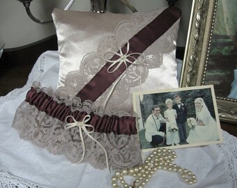 Champagne and Plum Ring Pillow and Garter Set