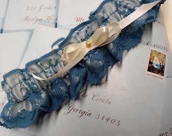 Personalised Bride Toss Garter Austria Crystal White Ruffle Name Date ROYLE BLUE 