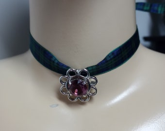 Blackwatch Tartan Choker Necklace with Amethyst Brooch