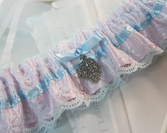 Pink Satin Wedding Garter: Blue Lace, Swarovski Crystal, "Something Blue"