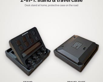 May include: A black Stream Deck device shown in two configurations: as a desk stand with eight buttons and four dials, and as a closed travel case. Text reads: 2-in-1: stand & travel case. Desk stand at home, protective case on the road.