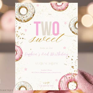 Deux invitations d'anniversaire douces modifiables, faire-part d'anniversaire de fille, pastel, deux douces invitations de fille, invitation 2e anniversaire imprimable donuts