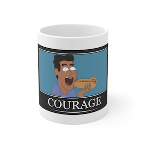 Courage Mug with Funny Character Design for Coffee Lovers, Gift for Friends, Inspirational Drinkware, Humor, Motivation