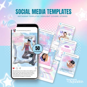 May include: A smartphone displays social media templates with the text "SOCIAL MEDIA TEMPLATES". The image includes Instagram templates, highlight covers, and stories. The design features a model, pastel colors, and the Canva logo. The image also includes the text "50 templates".