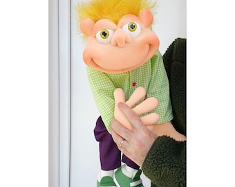Handmade Ventriloquist Puppet: Cheerful Boy Marionette, Doll, artist puppet