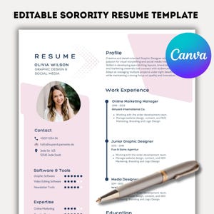 Editable Pink Sorority Resume Template | Canva Design with Photo | Resume + 2 Cover Letters | US Letter & A4 | Instant Digital Download