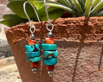 Spiny Oyster and Turquoise dangle Earrings with Oxidized Sterling Silver pearls, southwestern style, gift.