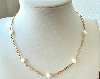 Clover mother of pearl paperclip necklace, Stainless steel, dainty