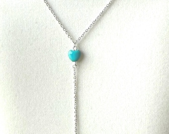 Turquoise Heart Lariat Necklace - Stainless Steel Y-Drop Chain.
