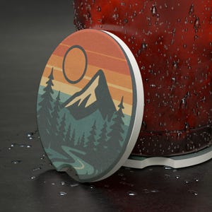 Mountain Sunset Soapstone Car Coaster, Nature Lover Gift, Auto Accessory, Camper Decor, Eco-Friendly Drink Holder