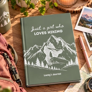 Puede incluir: Un diario de tapa dura color verde salvia con una ilustración de líneas blancas de una cordillera y pinos. El texto "Just a girl who LOVES HIKING" y "Lacey's Journal" aparece en letras blancas en la portada del libro.