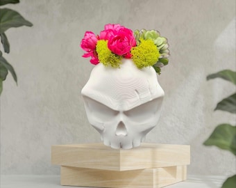 Silly Angry Skull Planter – 3D Printed PETG, Gothic Home Decor, Makeup Brush Holder, Pen Holder, Desk Organizer, Catch All, Halloween Decor