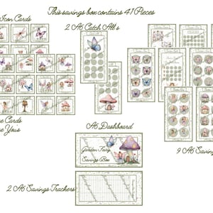 May include: A set of 41 printable fairy garden themed savings trackers, including 20 icon cards, 2 A6 catch-all sheets, 5 bonus save cards, 2 I owe you cards, 2 A6 savings trackers, 1 A6 dashboard, and 9 A6 savings trackers. The set features a whimsical fairy garden theme with illustrations of fairies, mushrooms, and houses.