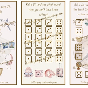 May include: Three printable game cards with instructions for a travel-themed game. The first card has a coin toss game with instructions to save $2 if heads and $1 if tails. The second card has a grid of 20 dice with numbers 1-4. The third card has a compass with a die roll game to make your way around the board.