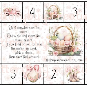 May include: A pink and white Easter-themed game board with a basket of eggs, a bunny, a truck, and a house. The board has numbers 1 through 5 on each square. The text on the board reads: "Start anywhere on the board. Roll a die and move that many spaces. If you land on an icon find the matching card. Pick a circle. Then save that amount."