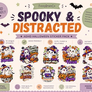 10 ADHD Halloween-stickers, griezelige spook-PNG's voor GoodNotes en digitale planners
