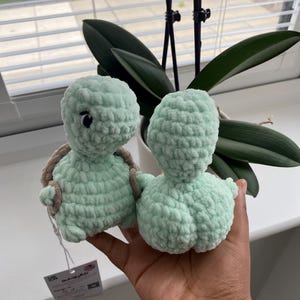 Op de afbeelding: Twee handgemaakte gehaakte schildpadfiguren. De schildpadden zijn lichtgroen met bruine schilden en kleine zwarte ogen. De schildpadden worden in een hand gehouden, met een label aan een van hen. De achtergrond omvat een raam en een potplant.