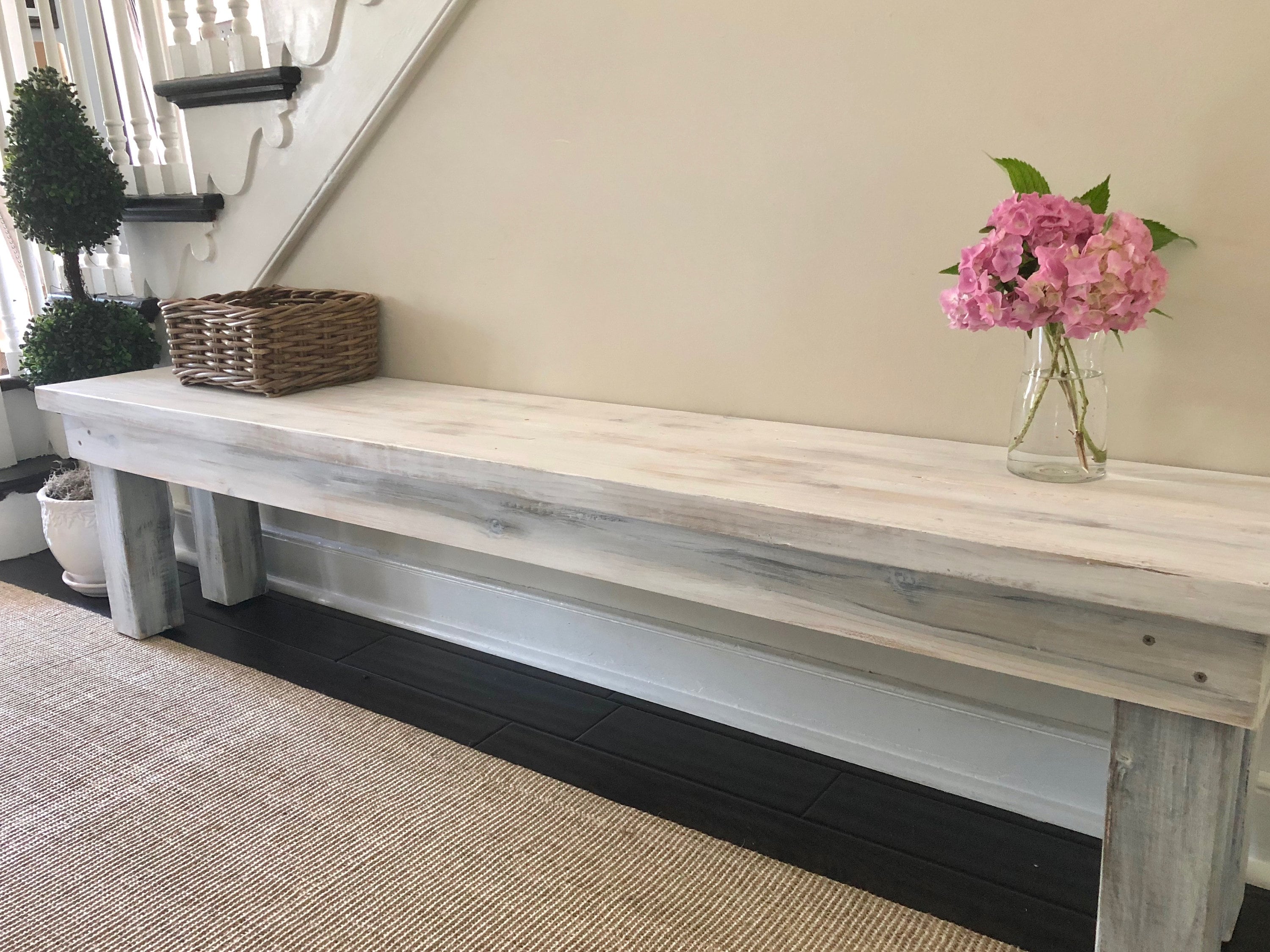 Whitewashed Wood Bench Long Rustic Bench Dining Bench Etsy