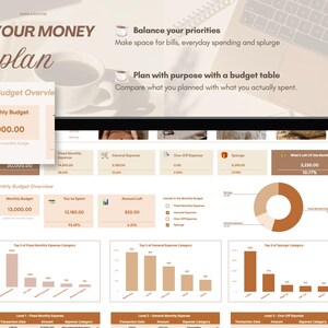 May include: A digital budget planner interface displayed on a screen, featuring the text 'GIVE YOUR MONEY a plan', 'Balance your priorities', and 'Plan with purpose with a budget table'. The dashboard includes a monthly budget overview, expense categories, bar charts, and a donut chart in shades of brown and beige.