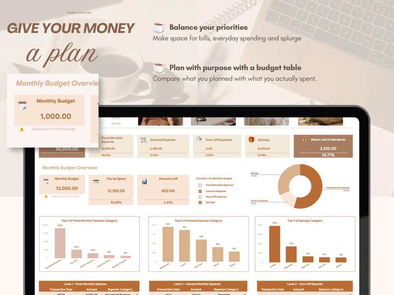 May include: A digital budget planner interface displayed on a screen, featuring the text 'GIVE YOUR MONEY a plan', 'Balance your priorities', and 'Plan with purpose with a budget table'. The dashboard includes a monthly budget overview, expense categories, bar charts, and a donut chart in shades of brown and beige.
