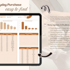 May include: A digital tablet displaying a financial expense tracker spreadsheet with bar charts, pie charts, and transaction tables in shades of brown and beige. The screen includes text headers like Everyday Purchase easy to find and Every expense, in its place, alongside a list of expense categories and bulleted tracking features.