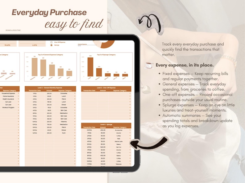 May include: A digital tablet displaying a financial expense tracker spreadsheet with bar charts, pie charts, and transaction tables in shades of brown and beige. The screen includes text headers like Everyday Purchase easy to find and Every expense, in its place, alongside a list of expense categories and bulleted tracking features.