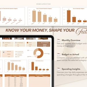 May include: A digital financial budget tracker interface displayed on a screen, featuring bar charts, pie charts, and tables in shades of brown and beige. The text reads ROWS & ROUTINE, KNOW YOUR MONEY, SHAPE YOUR FUTURE, and Monthly Overview.
