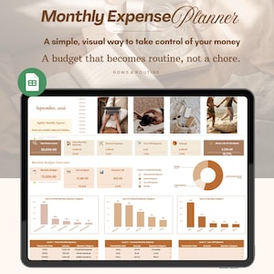 May include: A digital monthly expense planner displayed on a tablet screen, featuring a dashboard with financial data, charts, and tables. The interface includes text headers like Monthly Expense Planner, September 2026, and ROWS & ROUTINE.