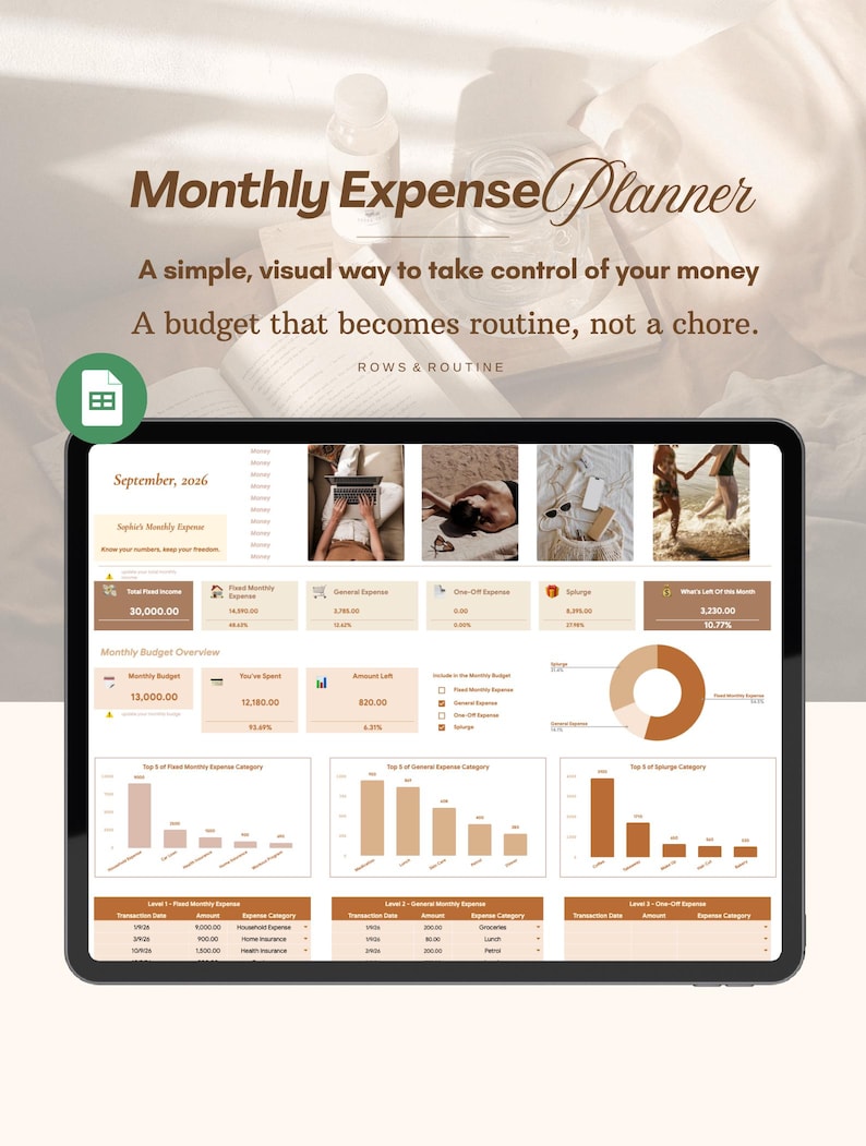 May include: A digital monthly expense planner displayed on a tablet screen, featuring a dashboard with financial data, charts, and tables. The interface includes text headers like Monthly Expense Planner, September 2026, and ROWS & ROUTINE.
