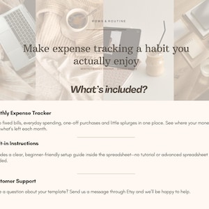 May include: A digital budget tracker template featuring the text Rows & Routine, Make expense tracking a habit you actually enjoy, What's included?, Monthly Expense Tracker, Built-in Instructions, and Customer Support with coffee cup icons.