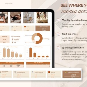 May include: A digital financial tracker dashboard displayed on a screen, featuring charts, graphs, and tables for monthly spending summaries, top expenses, and budget distribution with the text See where your money goes.