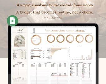 May include: A digital monthly budget planner displayed on a tablet screen, featuring the text Monthly budget Planner, A simple, visual way to take control of your money, A budget that becomes routine, not a chore, and ROWS & ROUTINE.