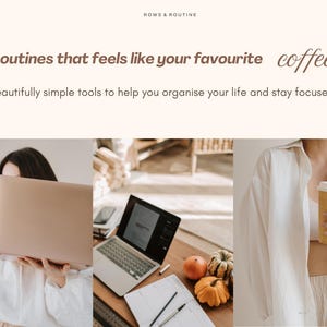 May include: A graphic featuring the text ROWS & ROUTINE, Routines that feels like your favourite coffee, and Beautifully simple tools to help you organise your life and stay focused. Three panels show a laptop, a desk, and a coffee cup.