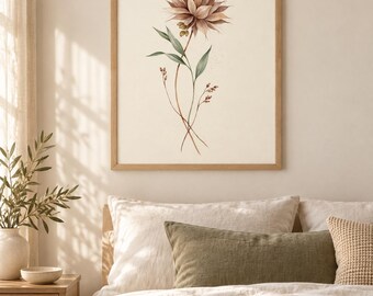 Lámina floral en acuarela, arte mural botánico minimalista, descarga digital en verde salvia neutro.