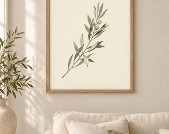 Lámina de acuarela de rama de olivo, arte mural botánico minimalista, descarga digital en verde salvia.
