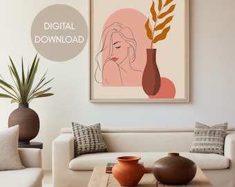 Könnte beinhalten: Ein quadratischer Wandkunstdruck mit einer Strichzeichnung einer Person mit fließendem Haar, einem rosa Bogen und einer braunen Vase mit einem goldgelben Blattzweig. Der Text DIGITAL DOWNLOAD ist in einem beigen Kreis oben links zu sehen.