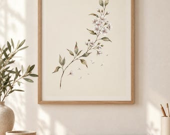 Lámina de acuarela de rama florida, arte mural botánico minimalista, descarga digital floral en tonos neutros.