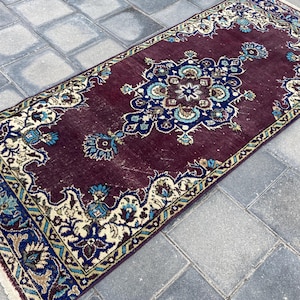 3x7.1 ft, Vintage Handwoven Wool Narrow Rug, Purple Turkish Oushak Runner Rug