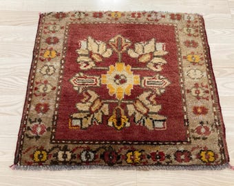 Tapis carré, tapis turc, tapis vintage, petit tapis, tapis rouge, tapis antique, tapis déco bohème, tapis en laine Oushak, paillasson, tapis de cuisine, 1,7 x 2 pi