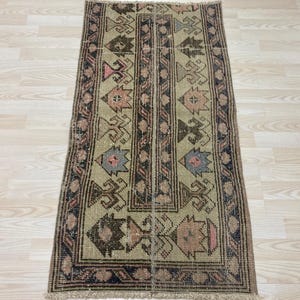 2 x 4 ft, Green Turkish Oushak Patchwork Rug, Vintage Handmade Bath Rug