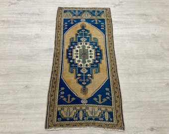 Vintage Turkish Wool Oushak Rug, Yellow Blue Handmade Oriental Doormat (1.7x3.7ft)